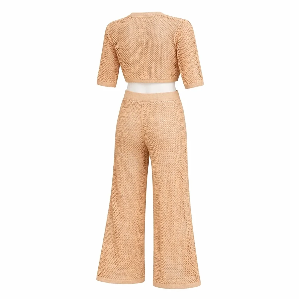 Women's 2 Piece Crochet Swimsuit Cover Up Crop Top Drawstring Long Pants - NWOT - Picture 3 of 3